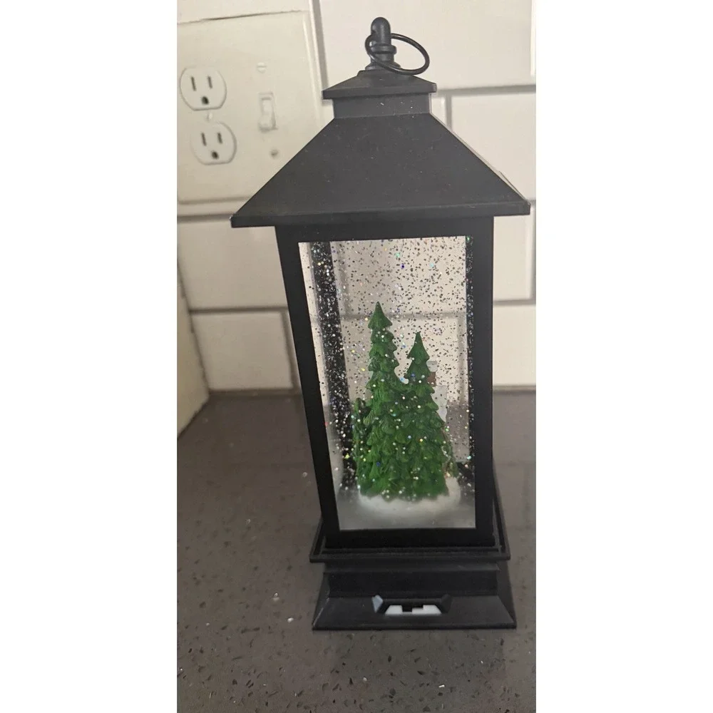 Illuminated Lantern Snow Globe Christmas Cottage Trees Lighted Liughts Up